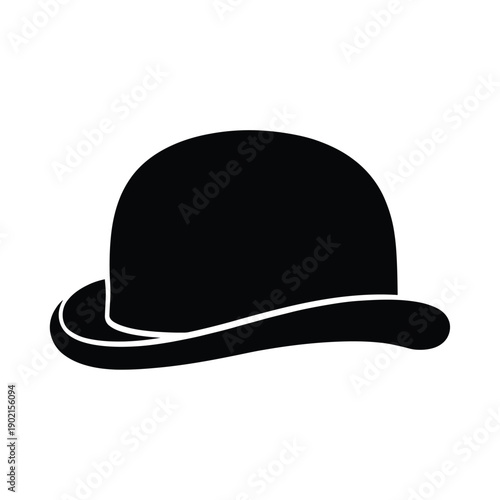 Simple black silhouette of a classic bowler hat on white background