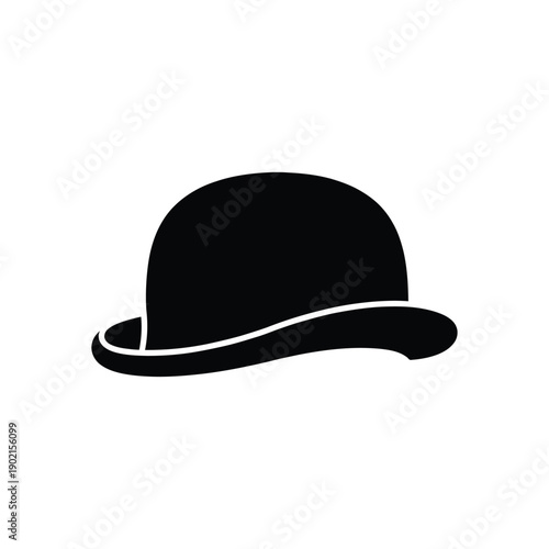 A simple black silhouette of a classic bowler hat on white