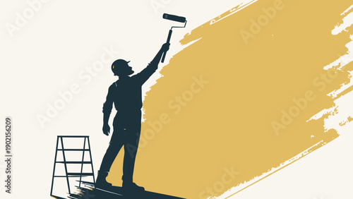 Worker in silhouette painting a wall with a roller applying yellow paint with a ladder nearby representing construction and renovation work