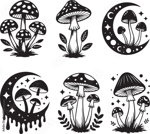 black and white illustration of various mushrooms and crescent moons with stars