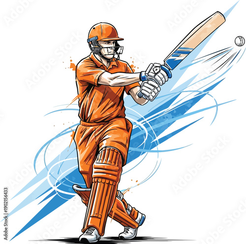 A cricket player in orange uniform hitting a ball