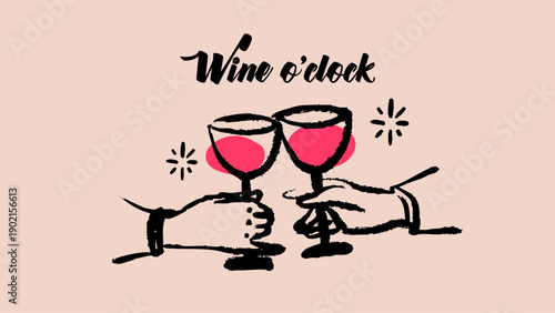 Hand drawn poster with wine glasses raised for toast. Party celebration, bar invitation, greeting card, menu cover design. Sketch crayon vector illustration.