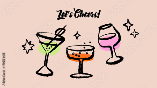 Hand drawn cocktail glasses poster. Party celebration, bar invitation, greeting card, menu cover design. Sketch crayon vector illustration.
