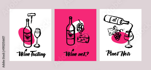 Hand drawn whimsical wine poster set. Vector sketch line art doodle illustration. Mediterranean food and drink banners