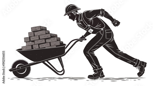 Builder silhouette pushing overloaded wheelbarrow with bricks construction worker in hard hat and overalls dynamic pose on plain background