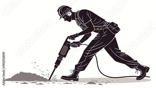 Construction worker in silhouette operating jackhammer on ground with safety gear