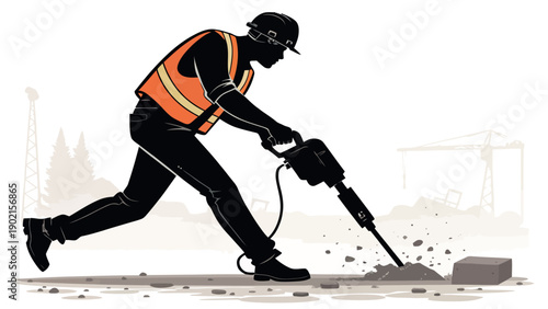 Construction worker in orange vest operates jackhammer breaking concrete on a building site with hard hat and safety gear