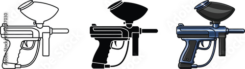 Collection of paintball markers in outline silhouette and realistic styles isolated on white background for sport and gaming graphics