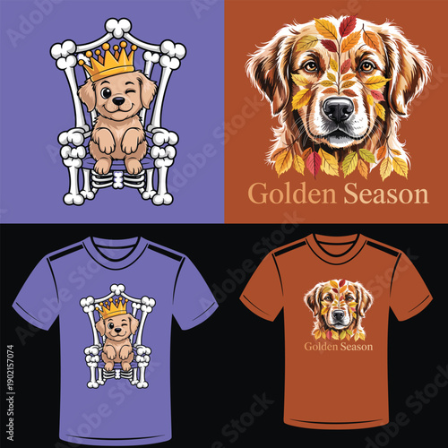 Golden retriever puppy king on throne and dog face with autumn leaves Keywords: golden retriever