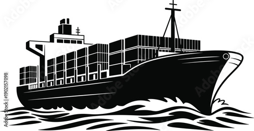 Cargo ship illustration, container vessel silhouette, maritime transport, waves movement, naval engineering design, shipping industry, cad drawing flat vector illustration