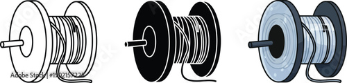 Set of wire spools in different styles including outline solid black and colored vector illustrations for industrial or technical concepts