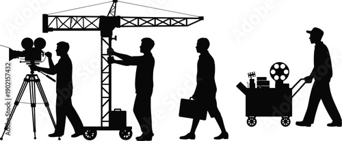 Film production silhouettes, camera operator tripod,  equipment cart reels, crew pushing gear, filmmaking teamwork, cad drawing flat vector illustration