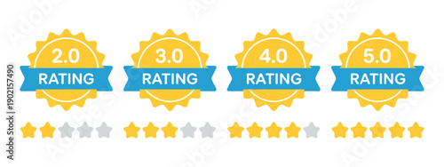 Rating stars badges with ribbon in flat design, vector icons for reviews, ratings, and quality labels.