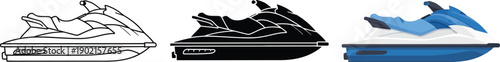 Collection of jet ski icons including outline silhouette and colored vector graphics for water sports and leisure themes isolated on white