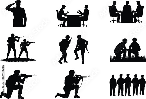 Military silhouettes, soldier saluting, armed combat stance, planning, communication gesture, crouched observation, group formation, defense readiness, cad drawing flat vector illustration