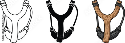 Collection of slingshot icons in outline silhouette and realistic styles representing a classic toy and projectile weapon for design
