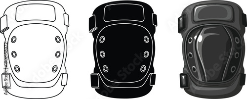 Collection of knee pad icons in outline silhouette and realistic styles representing protective gear for sports and activities isolated on white