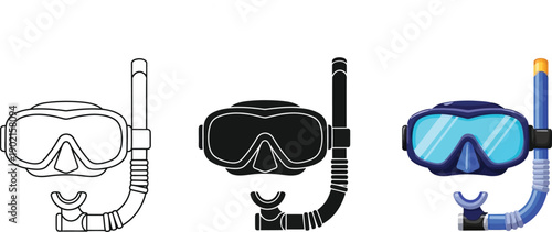 Collection of diving masks and snorkels including outline silhouette and colored vector illustrations for water sports and travel concepts