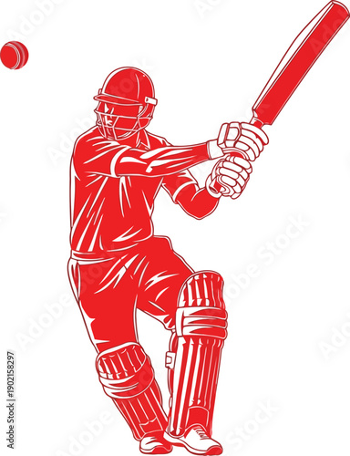 A red illustration of a cricket player hitting a ball