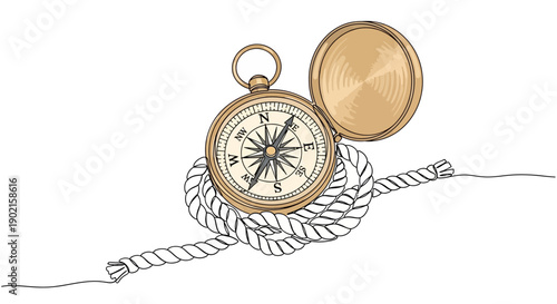 vintage compass with rope on white background