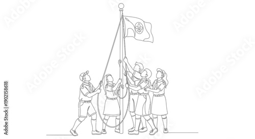 teamwork raising flag together