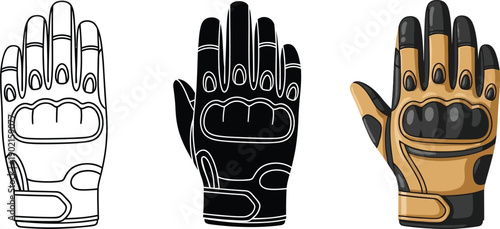 Collection of motorcycle gloves in outline silhouette and color vector styles representing protective gear for riders isolated on white