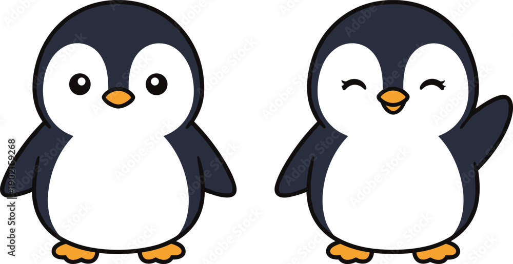 Fototapeta premium Cartoon penguins vector illustration, cute black and white birds with orange beaks feet, playful wink wave, cheerful animal art design