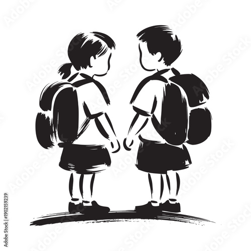 Two children holding hands facing each other with backpacks in a simple style