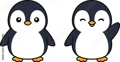 Cartoon penguins vector illustration, cute black and white birds with orange beaks feet, playful wink wave, cheerful animal art design