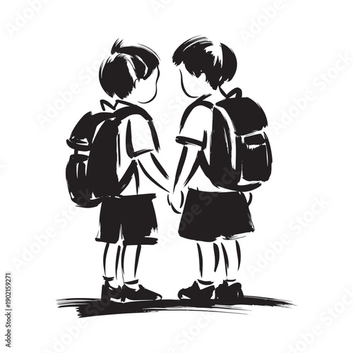 Two young boys with backpacks stand back to back in a simple black and white illustration