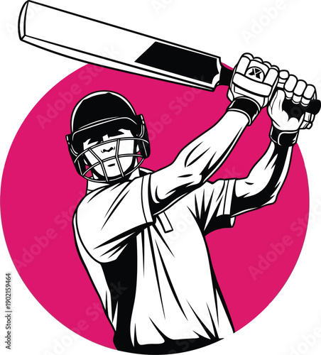 A cricket player swings a bat in a circular frame
