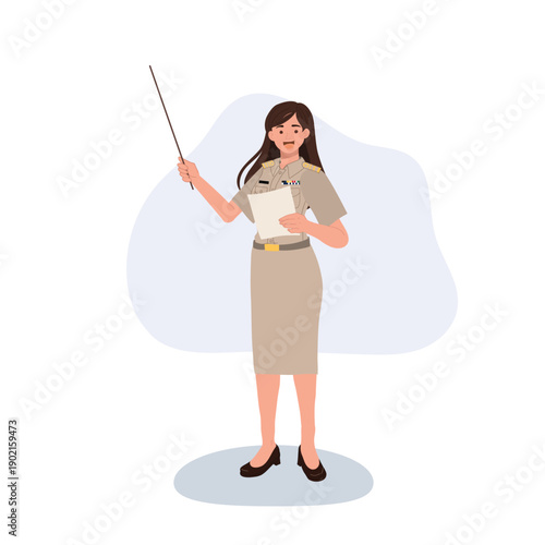 government officer civil servant woman pointing with stick holding report training lesson
