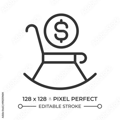 Pension pixel perfect line icon. Regular long term payment at retirement. Coin on rocking chair. Fund for elderly. Isolated vector illustration. Outline symbol. Simple linear drawing. Editable stroke