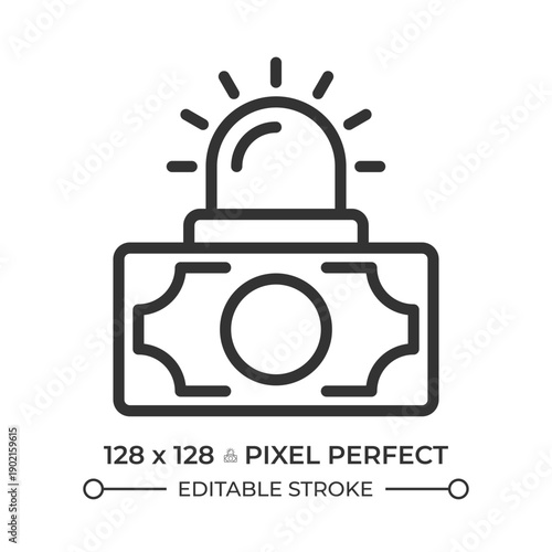 Emergency fund pixel perfect line icon. Banknote with flashing light. Saving money for accident. Financial aid. Isolated vector illustration. Outline symbol. Simple linear drawing. Editable stroke