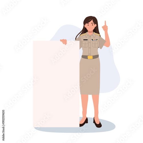public information advertisement concept woman public servant holding blank poster and pointing up