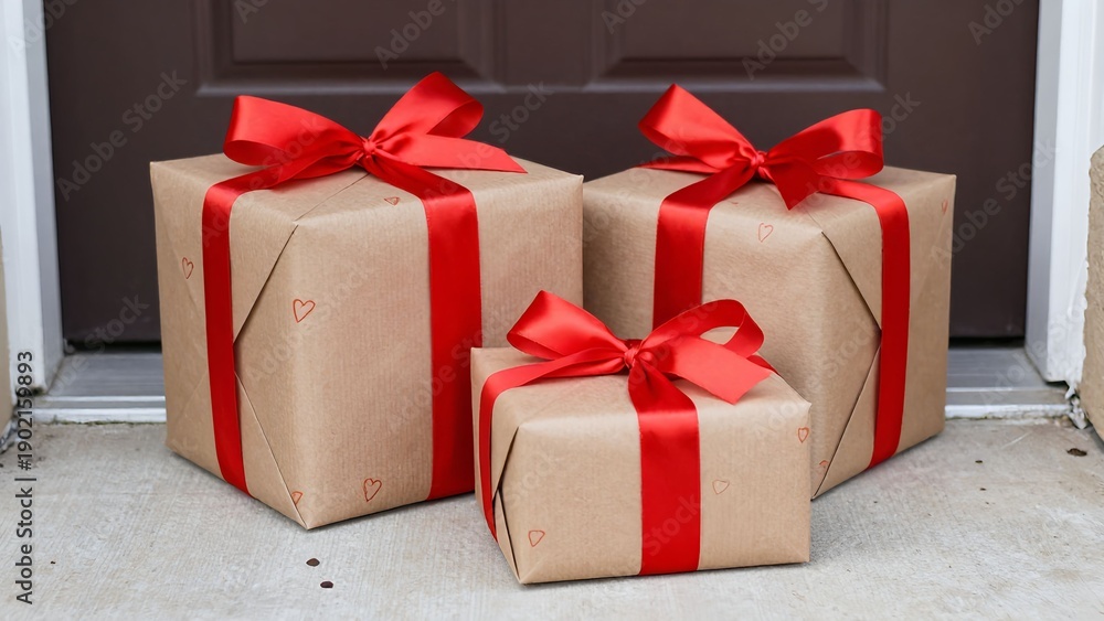 Fototapeta premium Wrapped Gift Boxes with Red Ribbon on Doorstep