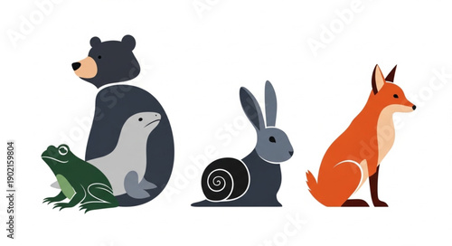 Cute cartoon forest animals arranged in a row.
