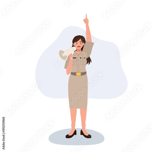 announcement megaphone government officer woman raising finger public speaking official uniform