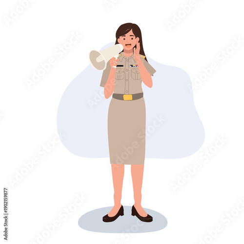 woman government officer in official uniform speaking through a megaphone