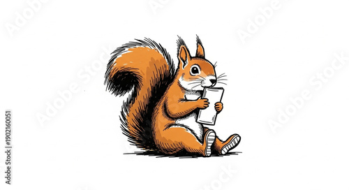 Cute cartoon squirrel holding a cup of coffee.