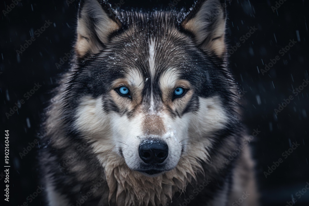 Fototapeta premium Siberian husky dog with blue eyes looking forward during a chilly snow shower