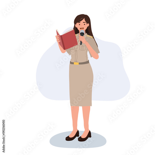 education communication concept teacher holding textbook and mic speech conference presentation