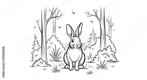 Cute bunny rabbit sitting in a forest clearing line drawing.