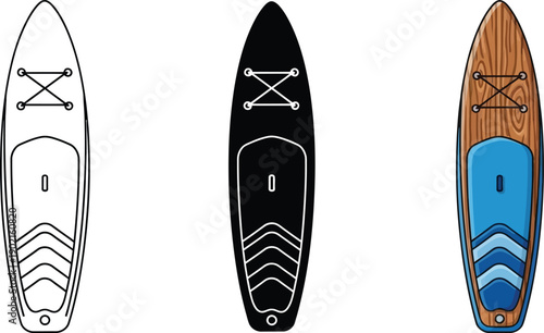 Set of stand up paddleboard icons outline black and color vector illustrations for water sports and outdoor recreation design isolated on white