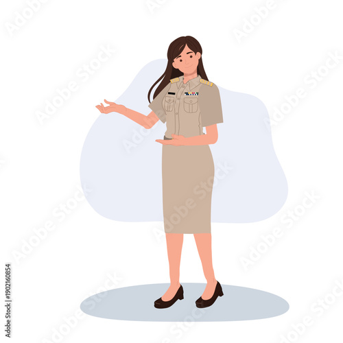 government officer civil servant woman presenting with hand gesture official uniform flat illustration
