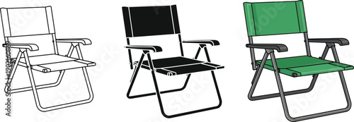 Collection of folding camping chairs including line art black and green versions ideal for outdoor leisure and travel design