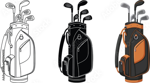 Collection of golf bags with clubs vector illustrations in outline silhouette and color styles for sports and recreation themes