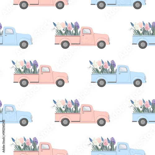 Pink and blue vintage pickup trucks with first flowers Seamless Pattern. Baby Gender Reveal Spring Background. Vector illustration.