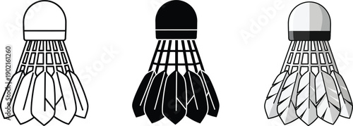 Collection of three badminton shuttlecock icons representing different styles like outline silhouette and flat design for sports and game concepts