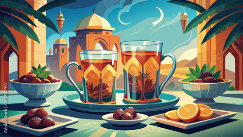 Very beautiful Moroccan mint tea served in traditional glasses with fresh mint, dates, and sugar, symbolizing hospitality, culture, and everyday rituals of Morocco.